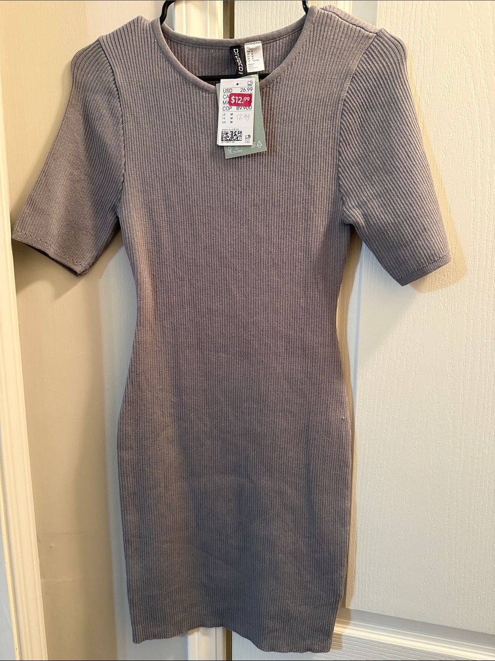 H&M Divided Ribbed Knit Short Sleeve Mini Dress - Gray